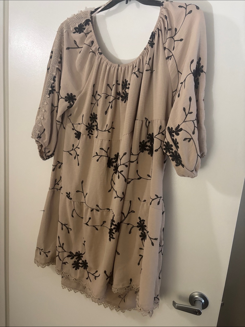 Beige Floral Embroidered Mini Dress with Puff Sleeves, never worn